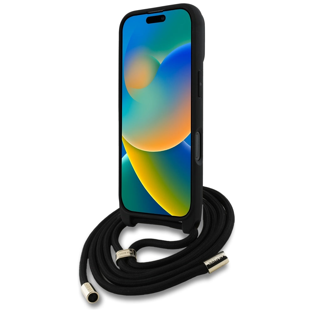 Tok Apple iPhone 16 Pro Max-hoz, Guess, 4G CBDY Nagy Logóval és Zsinóros Pánttal, Barna