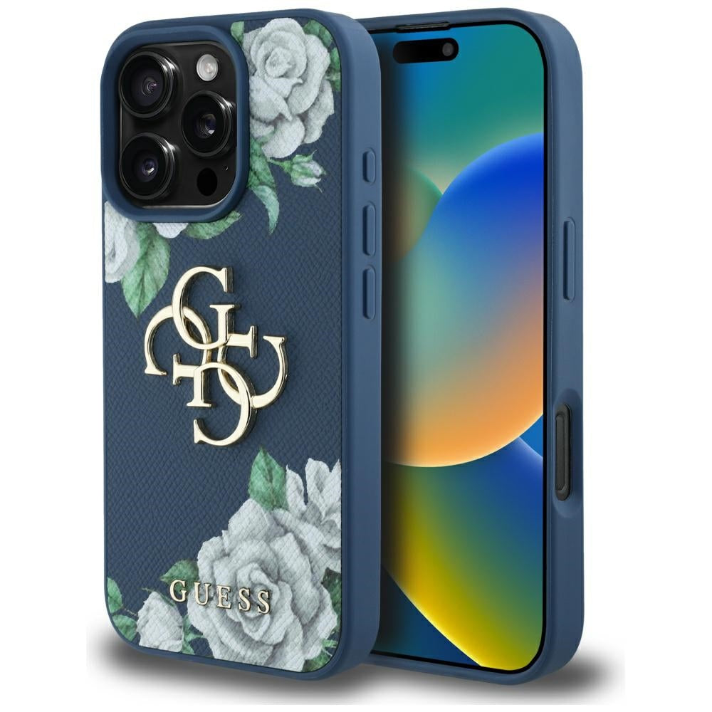 Tok Apple iPhone 16 Pro Max-hoz, Guess, 4G Grained Roses Big Logo, Kék