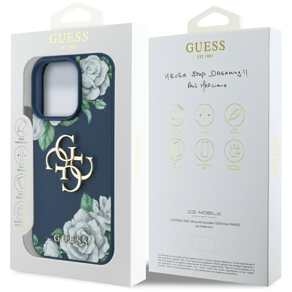 Tok Apple iPhone 16 Pro Max-hoz, Guess, 4G Grained Roses Big Logo, Kék