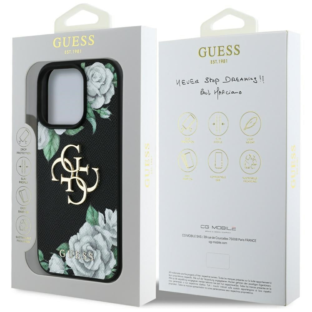 Tok Apple iPhone 16 Pro Max-hoz, Guess, 4G Grained Roses Big Logo, Fekete