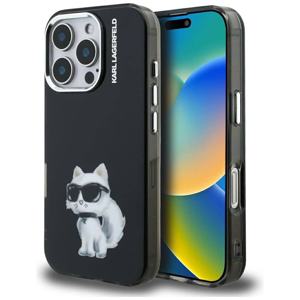 Tok Apple iPhone 16 Pro Max-hoz, Karl Lagerfeld, IML Aquarelle Logo Choupette, Fekete