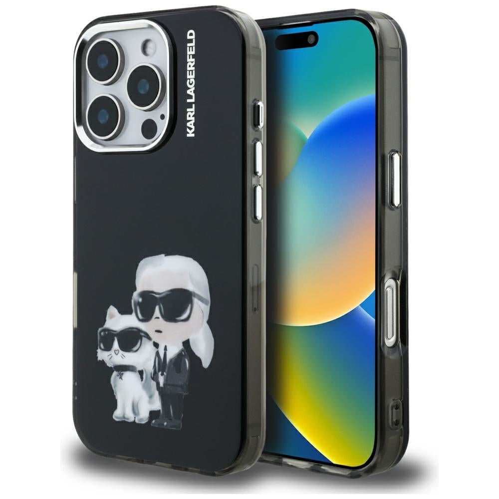 Tok a Apple iPhone 16 Pro Max-hoz, Karl Lagerfeld, IML Aquarelle Logo Karl & Choupette, Fekete