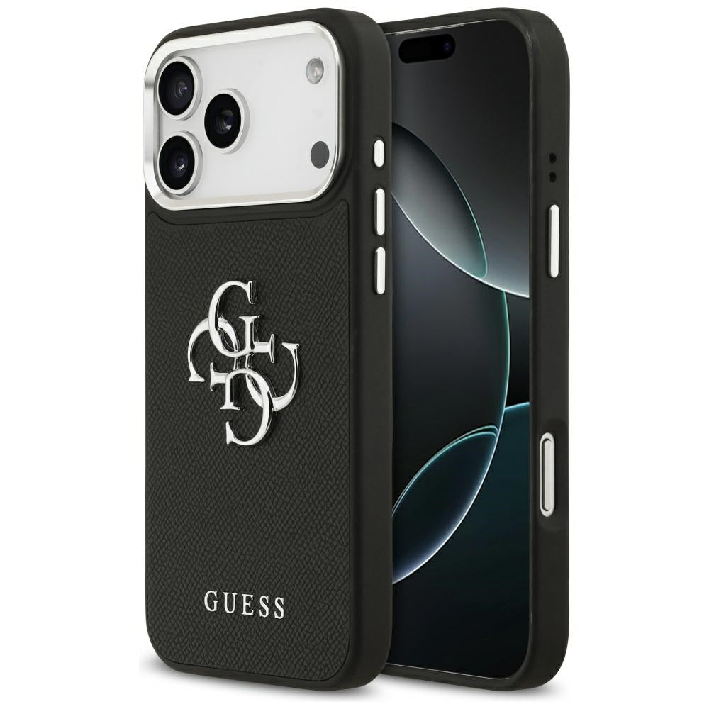 Tok Apple iPhone 17 Pro-hoz, Guess, 4G Grained Big and Classic Logo, Fekete-Ezüst