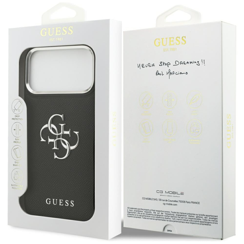 Tok Apple iPhone 17 Pro-hoz, Guess, 4G Grained Big and Classic Logo, Fekete-Ezüst