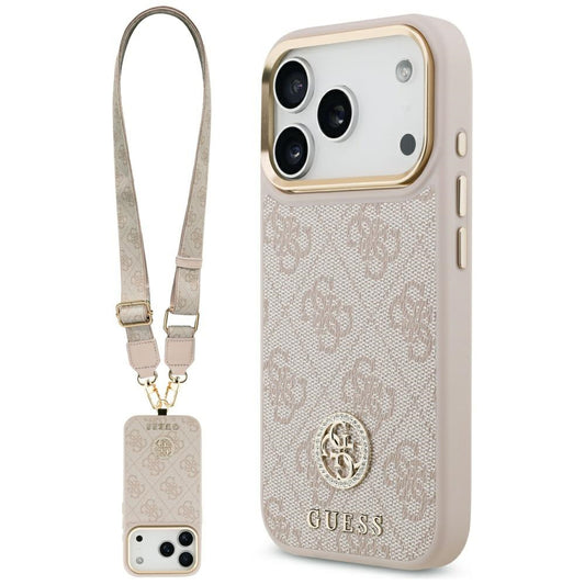 Tok Apple iPhone 17 Pro-hoz, Guess, 4G Strass Logo és Nagy Pánt, Rózsaszín