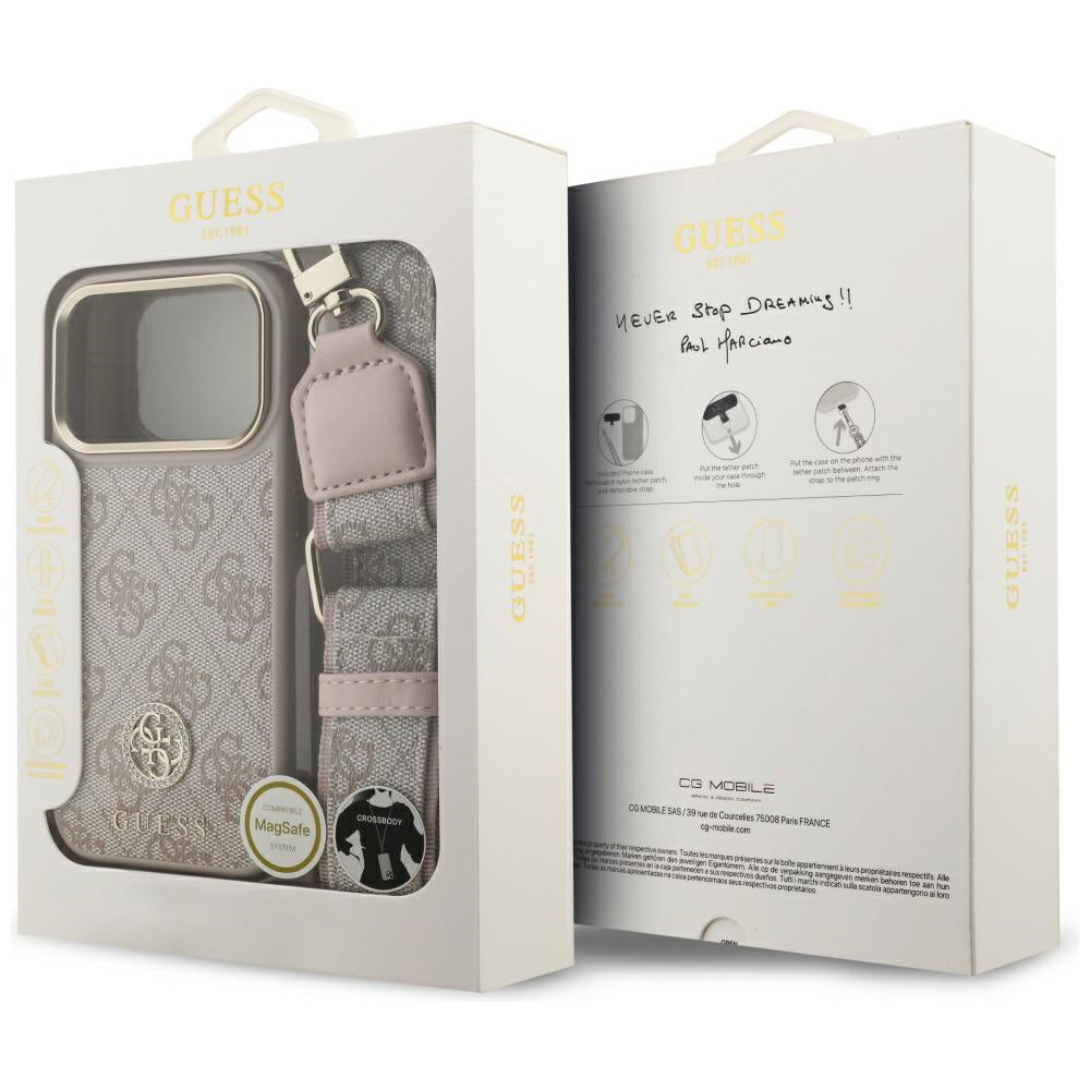 Tok Apple iPhone 17 Pro-hoz, Guess, 4G Strass Logo és Nagy Pánt, Rózsaszín
