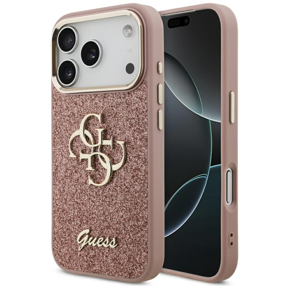Tok Apple iPhone 17 Pro-hoz, Guess, Fixed Glitter Big 4G Metal Frame, Rózsaszín