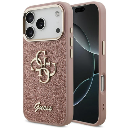Tok Apple iPhone 17 Pro-hoz, Guess, Fixed Glitter Big 4G Metal Frame, Rózsaszín