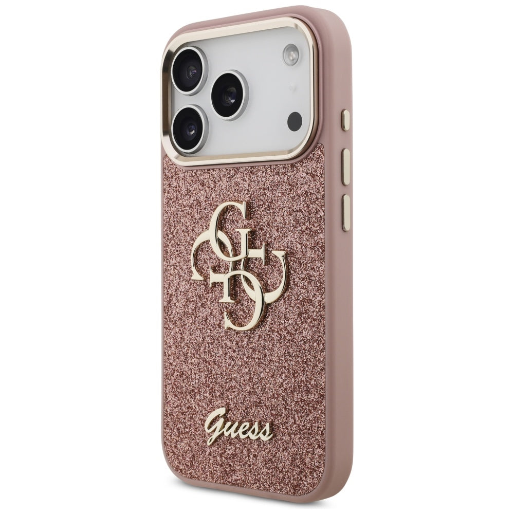 Tok Apple iPhone 17 Pro-hoz, Guess, Fixed Glitter Big 4G Metal Frame, Rózsaszín
