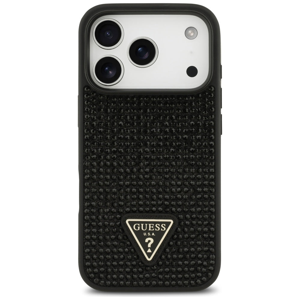 Tok Apple iPhone 17 Pro-hoz, Guess, Rhinestone Triangle Logo, Fekete