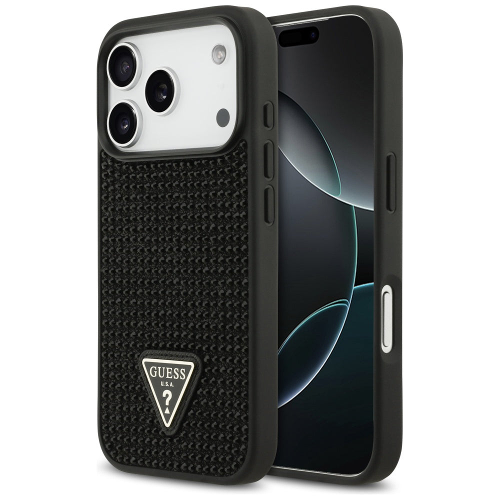 Tok Apple iPhone 17 Pro-hoz, Guess, Rhinestone Triangle Logo, Fekete