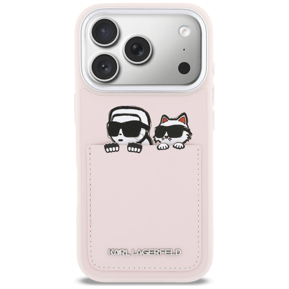 Tok Apple iPhone 17 Pro-hoz, Karl Lagerfeld, Karl & Choupette mintás zsebes, Rózsaszín