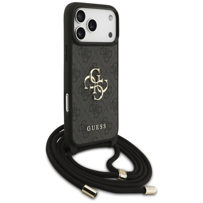 Tok a Apple iPhone 17 Pro Max-hoz, Guess, 4G CBDY nagy logóval és zsinóros pánttal, fekete