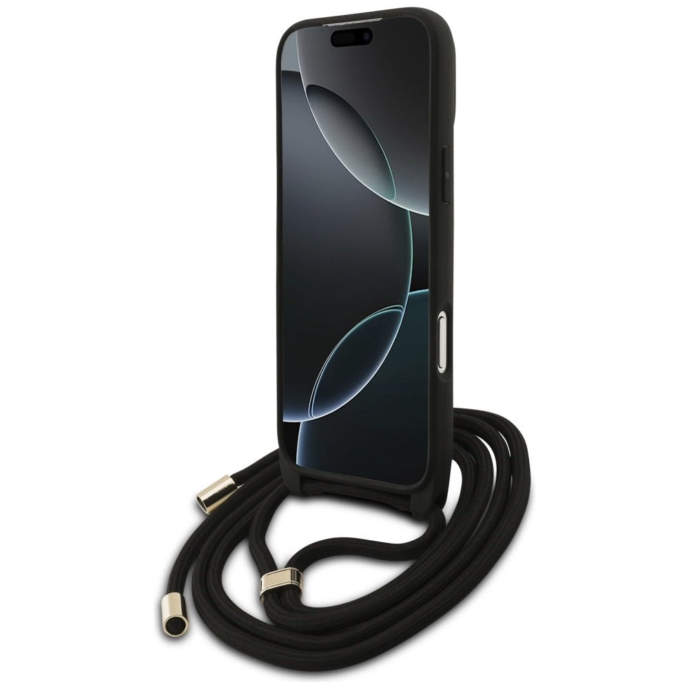 Tok a Apple iPhone 17 Pro Max-hoz, Guess, 4G CBDY nagy logóval és zsinóros pánttal, fekete