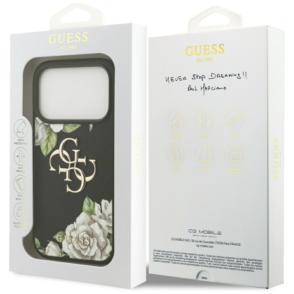Tok Apple iPhone 17 Pro Max-hoz, Guess, 4G Grained Roses Big Logo, Fekete