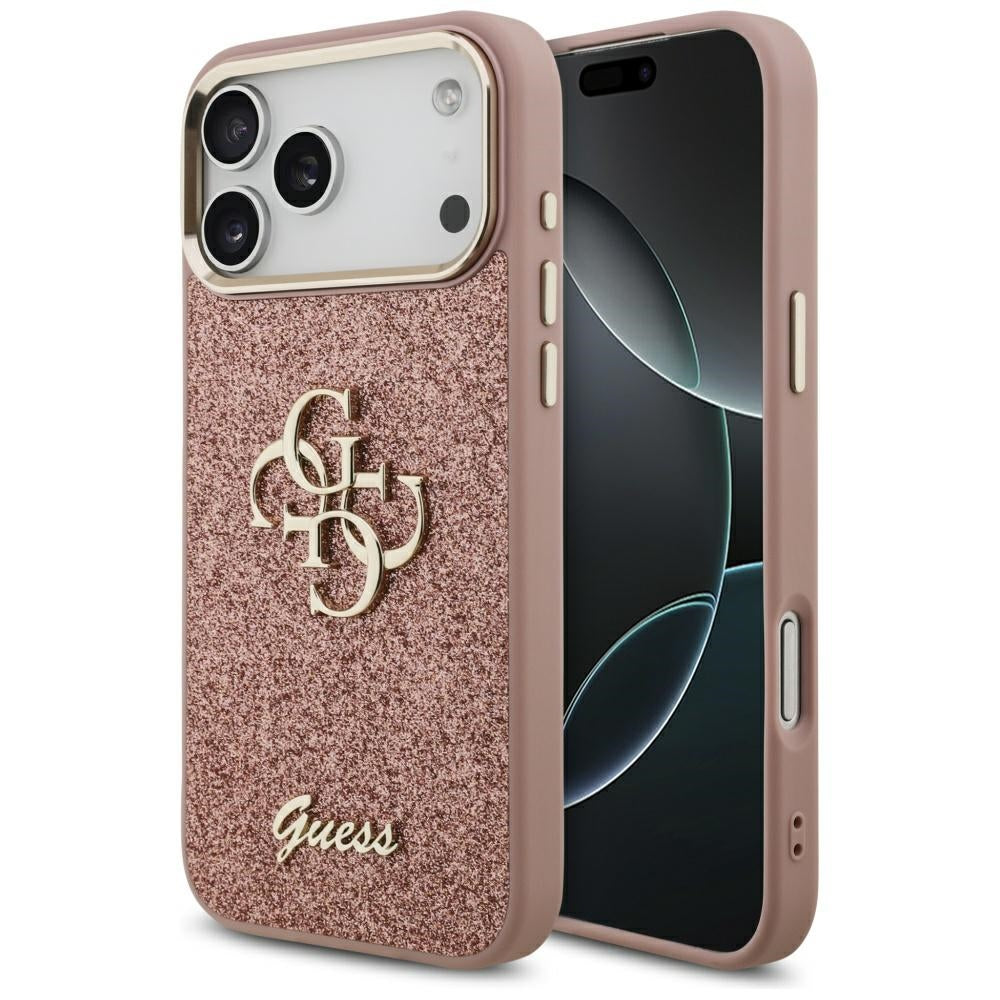 Tok Apple iPhone 17 Pro Max-hoz, Guess, Fixed Glitter Big 4G Metal Frame, Rózsaszín