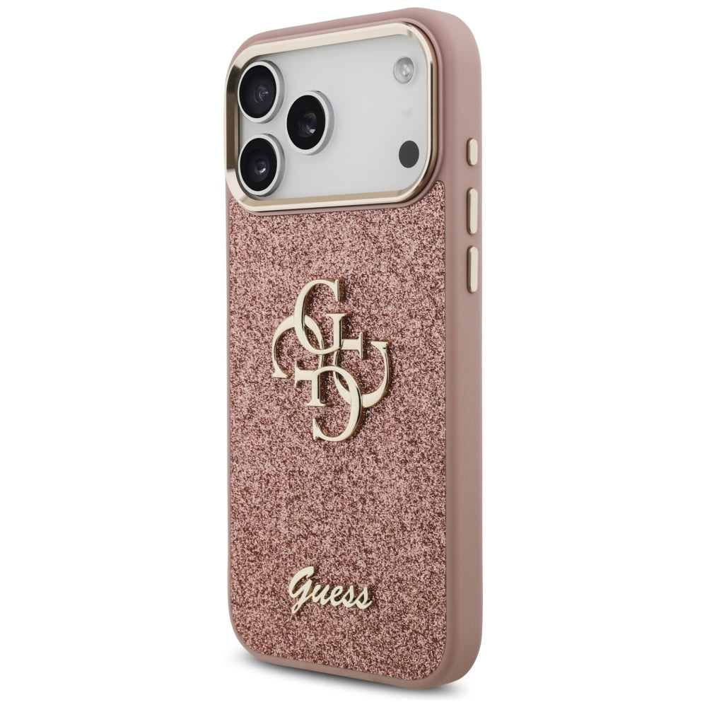 Tok Apple iPhone 17 Pro Max-hoz, Guess, Fixed Glitter Big 4G Metal Frame, Rózsaszín