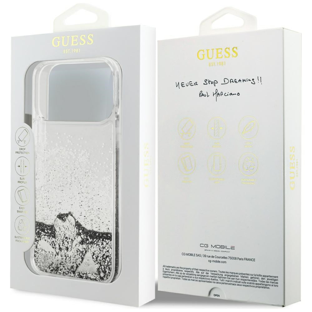 Tok a Apple iPhone 17 Pro Max-hoz, Guess, Liquid Glitter Charms, Ezüst