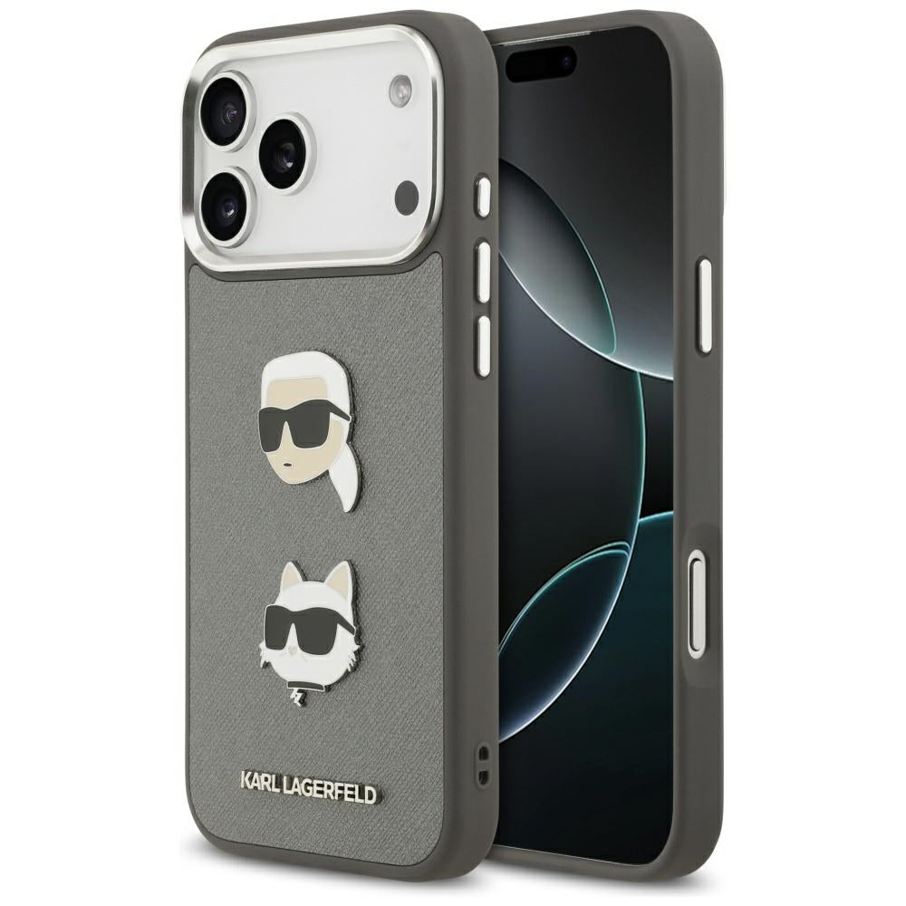 Tok Apple iPhone 17 Pro Max-hoz, Karl Lagerfeld, Grained Karl & Choupette's Heads Pins and Logo, Szürke