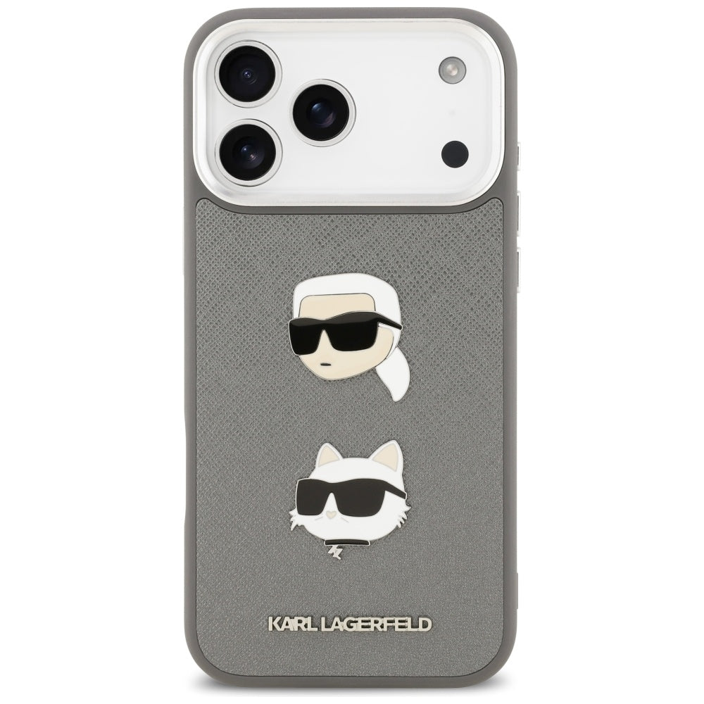 Tok Apple iPhone 17 Pro Max-hoz, Karl Lagerfeld, Grained Karl & Choupette's Heads Pins and Logo, Szürke