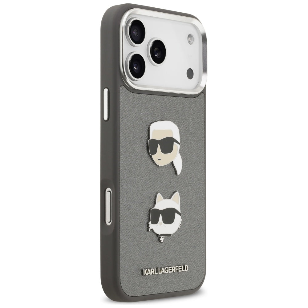 Tok Apple iPhone 17 Pro Max-hoz, Karl Lagerfeld, Grained Karl & Choupette's Heads Pins and Logo, Szürke
