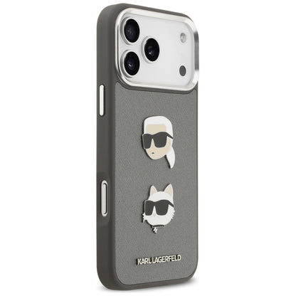 Tok Apple iPhone 17 Pro Max-hoz, Karl Lagerfeld, Grained Karl & Choupette's Heads Pins and Logo, Szürke