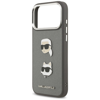 Tok Apple iPhone 17 Pro Max-hoz, Karl Lagerfeld, Grained Karl & Choupette's Heads Pins and Logo, Szürke