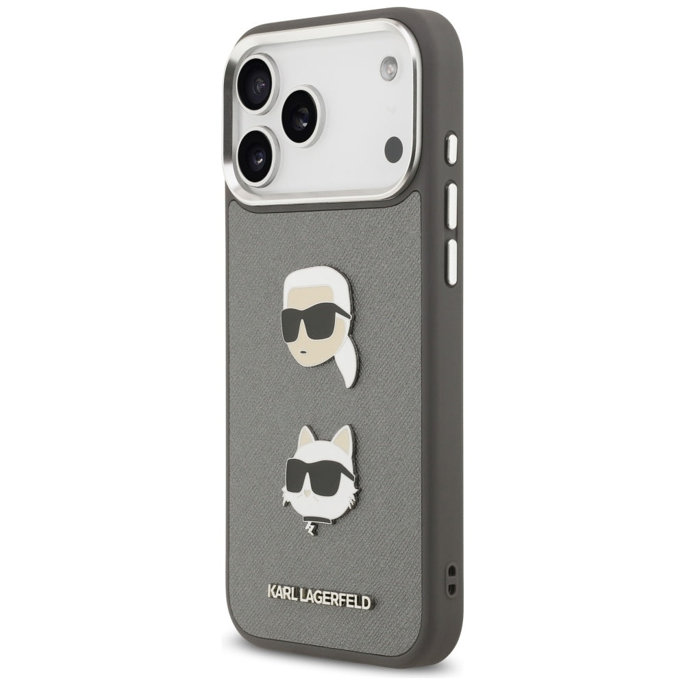 Tok Apple iPhone 17 Pro Max-hoz, Karl Lagerfeld, Grained Karl & Choupette's Heads Pins and Logo, Szürke