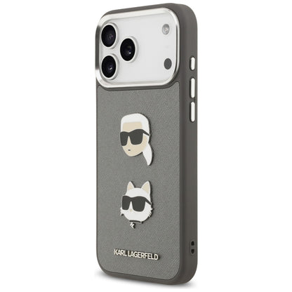 Tok Apple iPhone 17 Pro Max-hoz, Karl Lagerfeld, Grained Karl & Choupette's Heads Pins and Logo, Szürke
