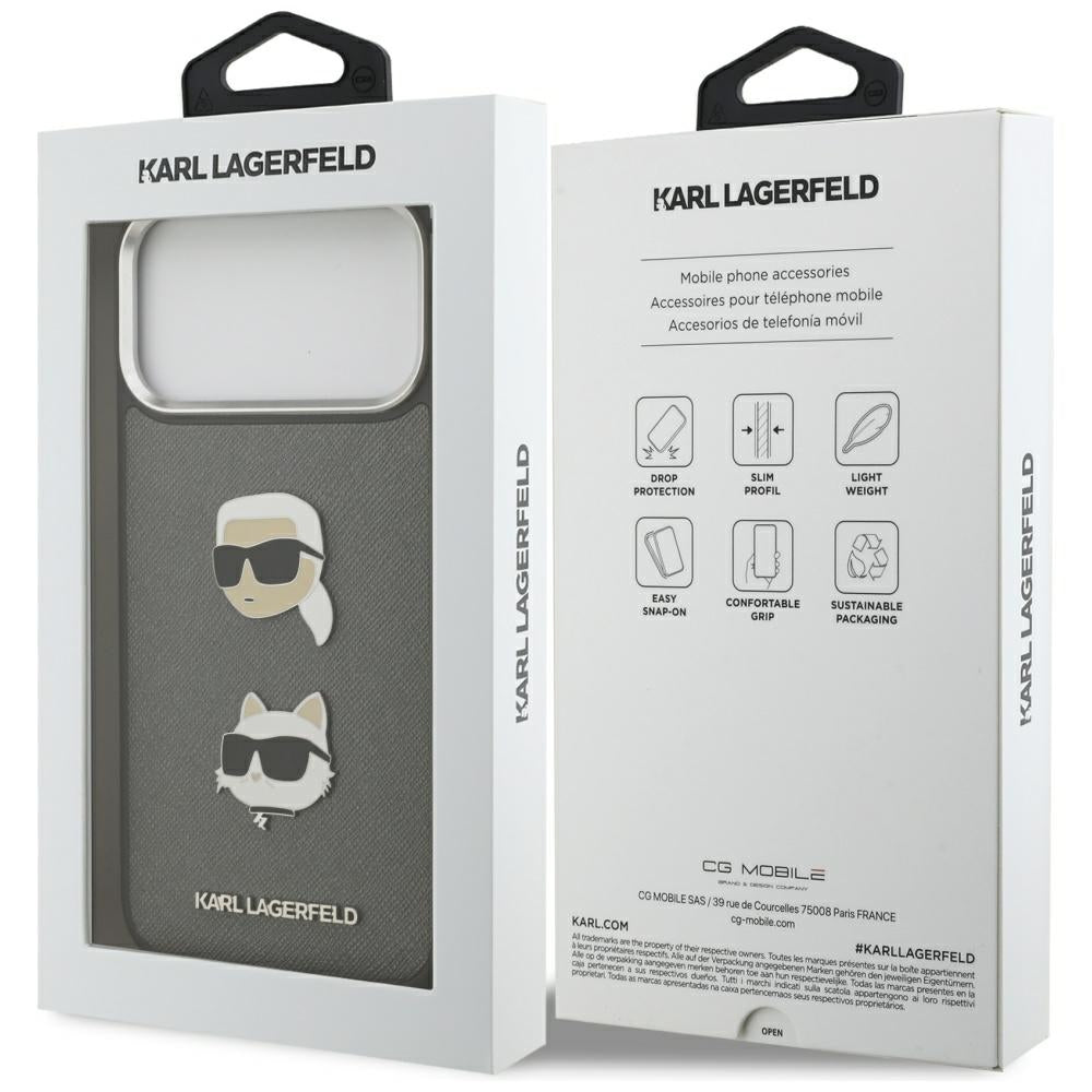 Tok Apple iPhone 17 Pro Max-hoz, Karl Lagerfeld, Grained Karl & Choupette's Heads Pins and Logo, Szürke