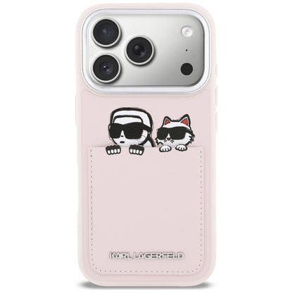 Tok Apple iPhone 17 Pro Max-hoz, Karl Lagerfeld, Karl & Choupette mintás zsebes, Rózsaszín
