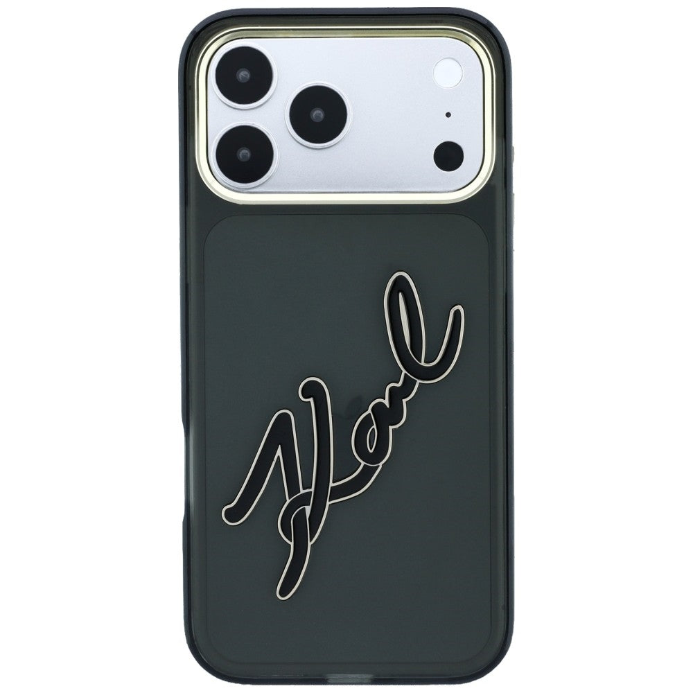 Tok Apple iPhone 18 Pro / 17 Pro-hoz, Karl Lagerfeld, IML nagy aláírásos gyanta logó és fém keret, fekete