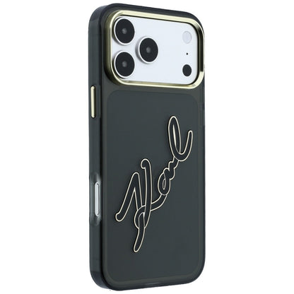 Tok Apple iPhone 18 Pro / 17 Pro-hoz, Karl Lagerfeld, IML nagy aláírásos gyanta logó és fém keret, fekete