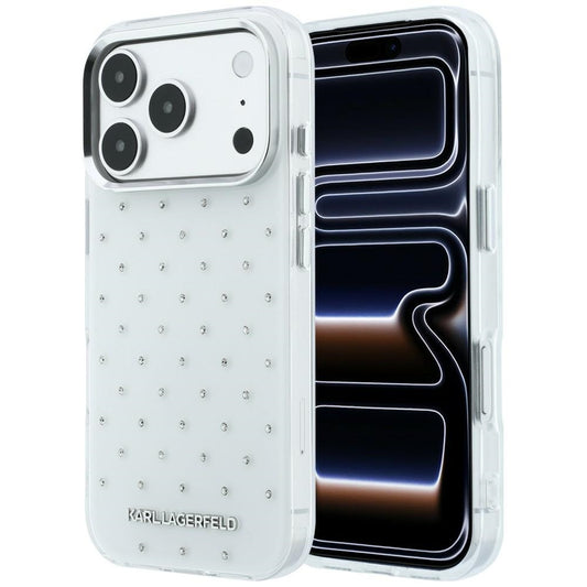 Tok Apple iPhone 18 Pro / 17 Pro-hoz, Karl Lagerfeld, IML strasszokkal és elektrolitikus logóval, fehér