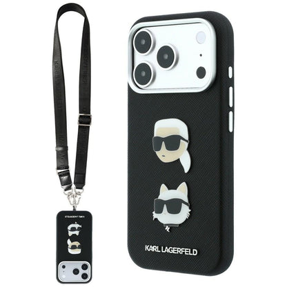 Case for Apple iPhone 18 Pro / 17 Pro, Karl Lagerfeld, Saffiano Crossbody Karl & Choupette Head's Pins Logo, Black