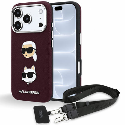 Tok Apple iPhone 18 Pro / 17 Pro készülékhez, Karl Lagerfeld, Saffiano Crossbody Karl & Choupette Head's Pins Logo, bordó