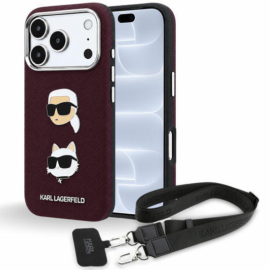 Tok Apple iPhone 18 Pro / 17 Pro készülékhez, Karl Lagerfeld, Saffiano Crossbody Karl & Choupette Head's Pins Logo, bordó