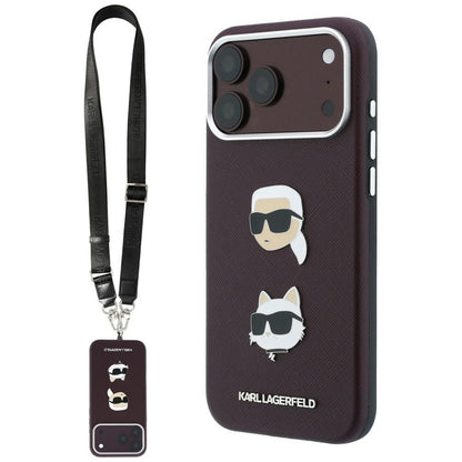 Tok Apple iPhone 18 Pro / 17 Pro készülékhez, Karl Lagerfeld, Saffiano Crossbody Karl & Choupette Head's Pins Logo, bordó