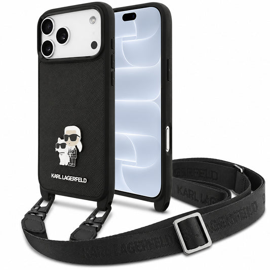 Tok Apple iPhone 18 Pro / 17 Pro készülékhez, Karl Lagerfeld, Saffiano Crossbody Metal Pin Karl & Choupette, fekete