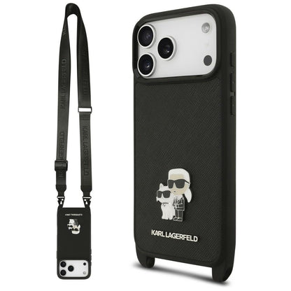 Case for Apple iPhone 18 Pro / 17 Pro, Karl Lagerfeld, Saffiano Crossbody Metal Pin Karl & Choupette, Black