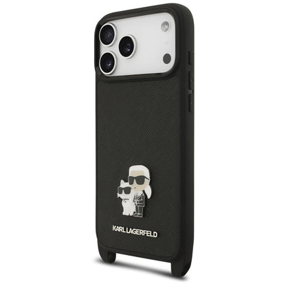 Case for Apple iPhone 18 Pro / 17 Pro, Karl Lagerfeld, Saffiano Crossbody Metal Pin Karl & Choupette, Black