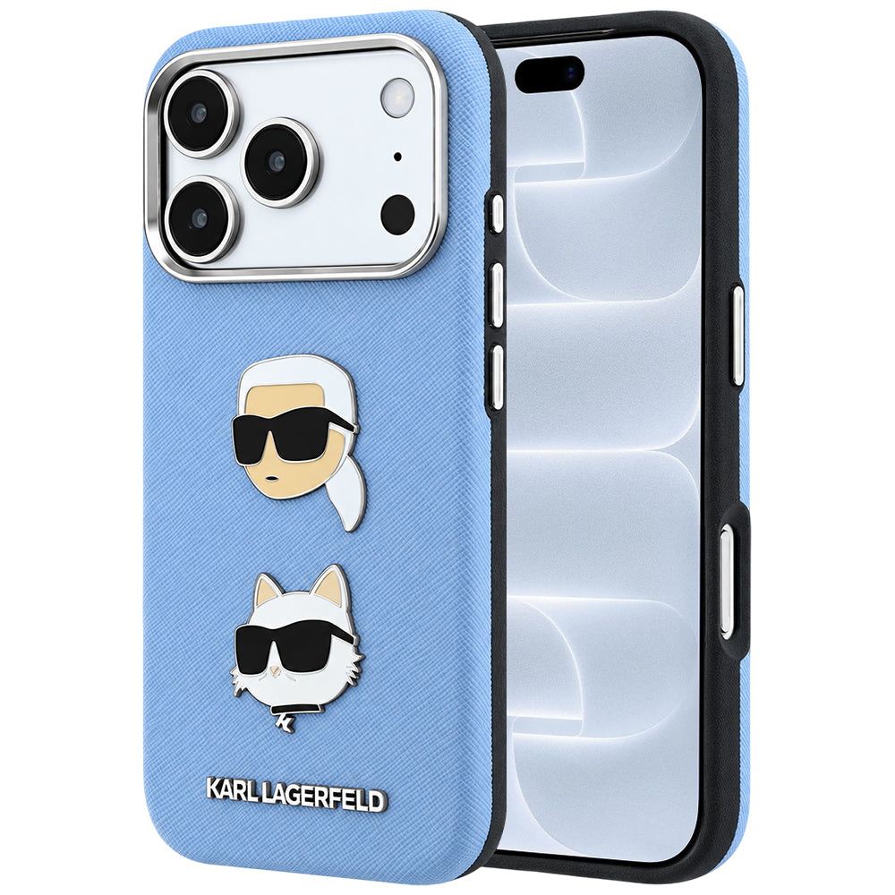 Tok Apple iPhone 18 Pro / 17 Pro készülékhez, Karl Lagerfeld, Saffiano Karl és Choupette fejét ábrázoló kitűzővel és logóval, kék