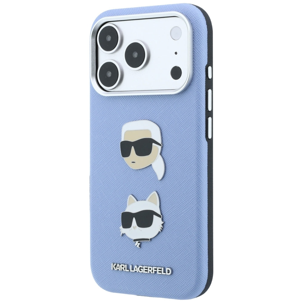 Tok Apple iPhone 18 Pro / 17 Pro készülékhez, Karl Lagerfeld, Saffiano Karl és Choupette fejét ábrázoló kitűzővel és logóval, kék