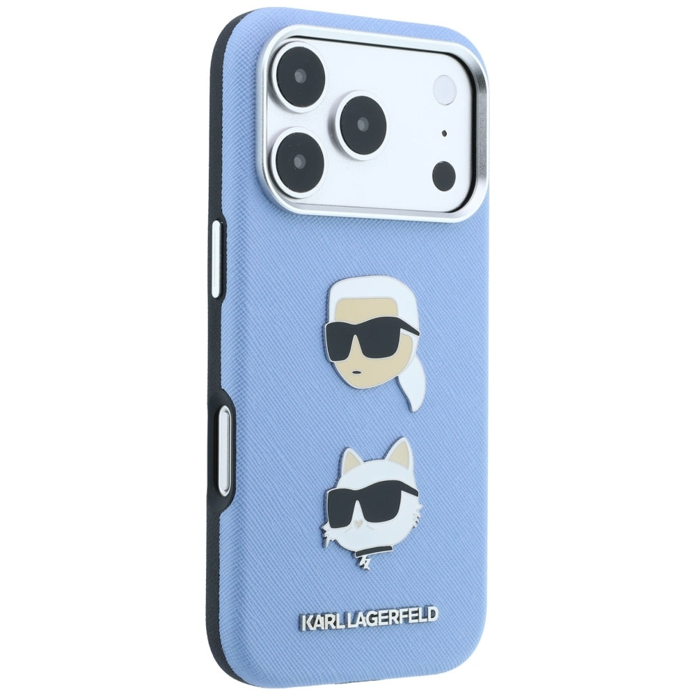 Tok Apple iPhone 18 Pro / 17 Pro készülékhez, Karl Lagerfeld, Saffiano Karl és Choupette fejét ábrázoló kitűzővel és logóval, kék