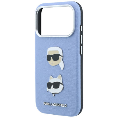 Tok Apple iPhone 18 Pro / 17 Pro készülékhez, Karl Lagerfeld, Saffiano Karl és Choupette fejét ábrázoló kitűzővel és logóval, kék