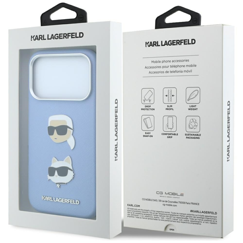 Tok Apple iPhone 18 Pro / 17 Pro készülékhez, Karl Lagerfeld, Saffiano Karl és Choupette fejét ábrázoló kitűzővel és logóval, kék