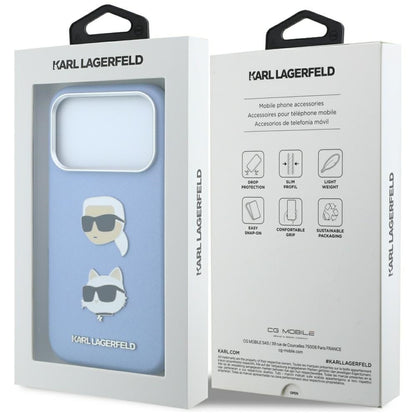 Tok Apple iPhone 18 Pro / 17 Pro készülékhez, Karl Lagerfeld, Saffiano Karl és Choupette fejét ábrázoló kitűzővel és logóval, kék