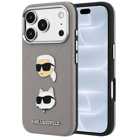Tok Apple iPhone 18 Pro / 17 Pro készülékhez, Karl Lagerfeld, Saffiano Karl és Choupette fejét ábrázoló kitűzővel és logóval, szürke