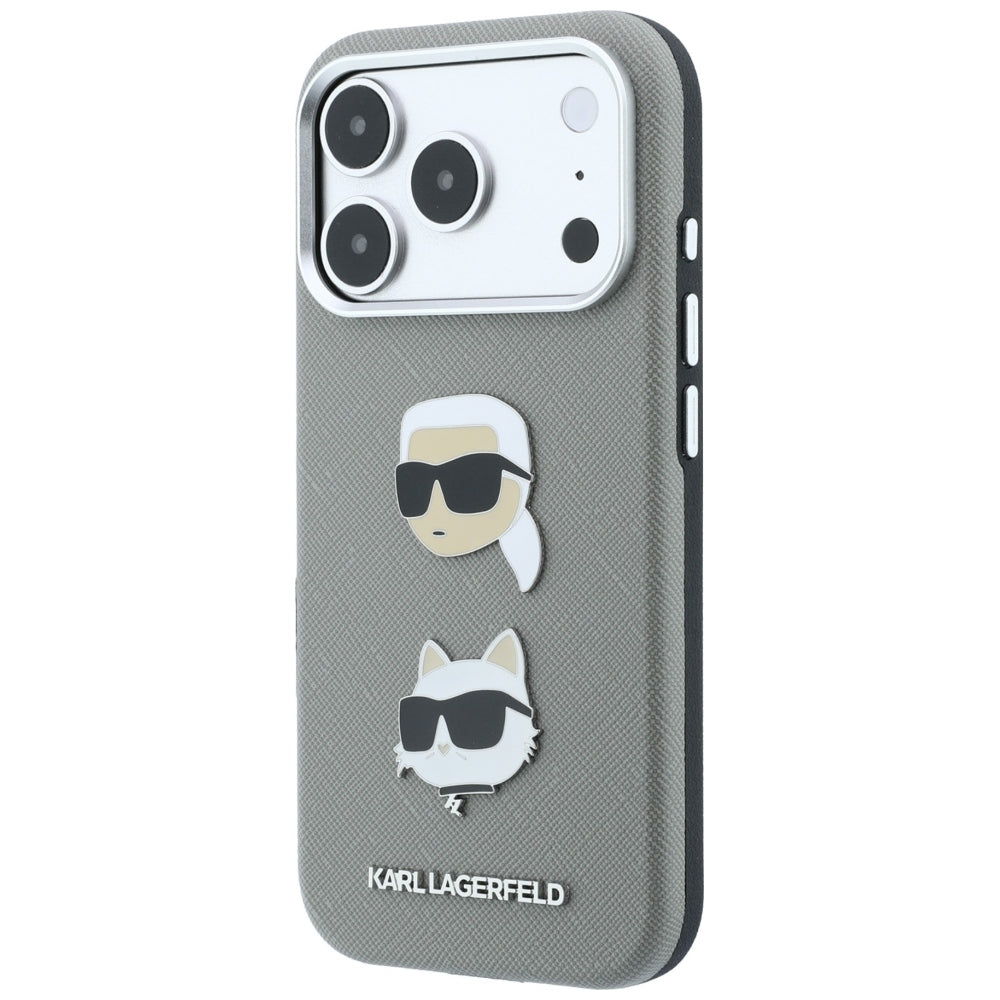 Case for Apple iPhone 18 Pro / 17 Pro, Karl Lagerfeld, Saffiano with Karl & Choupette Head's Pin and Logo, Gray
