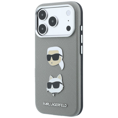 Case for Apple iPhone 18 Pro / 17 Pro, Karl Lagerfeld, Saffiano with Karl & Choupette Head's Pin and Logo, Gray